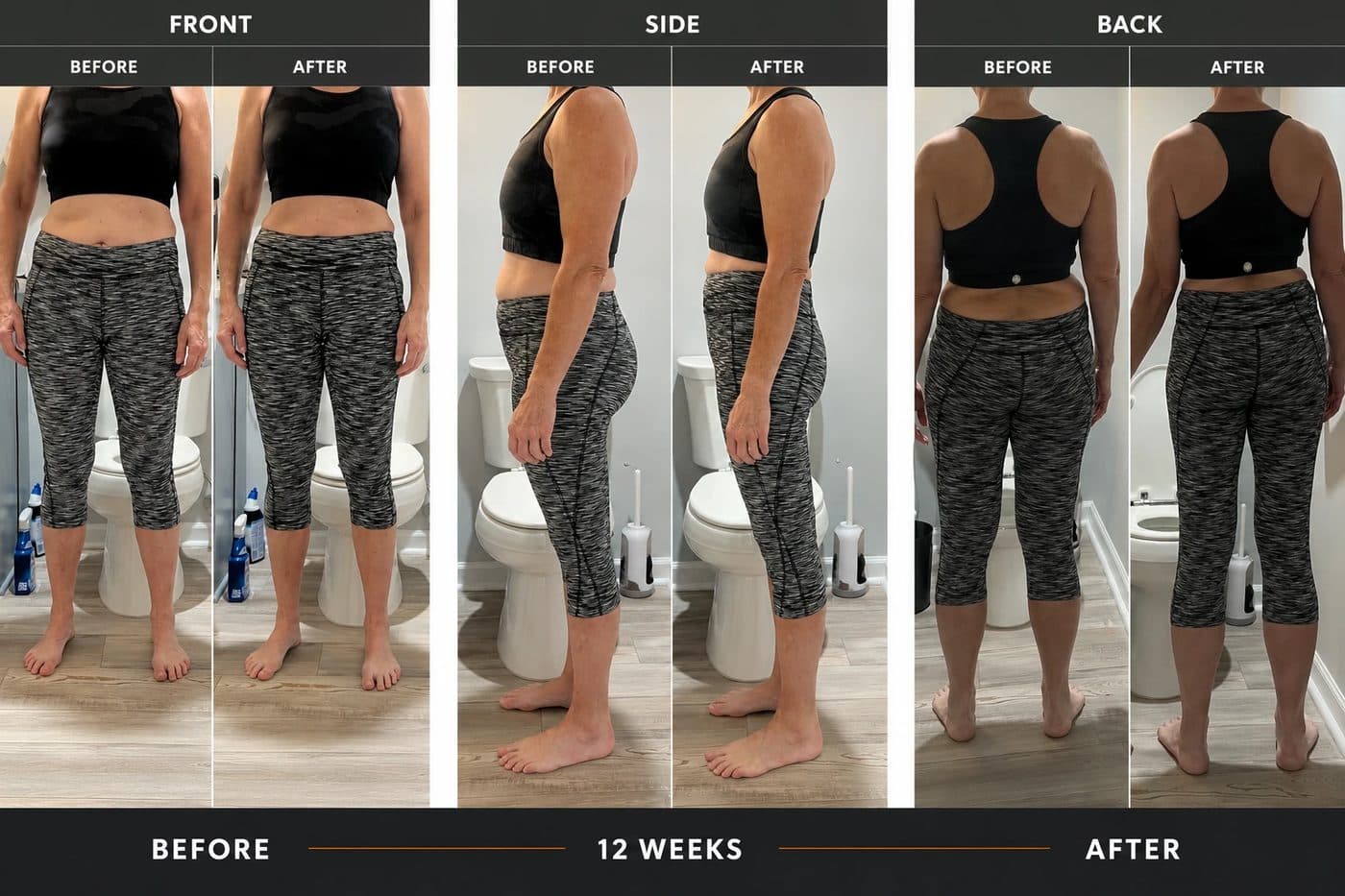 Client front, side, and back photos before and after 12 weeks of coaching